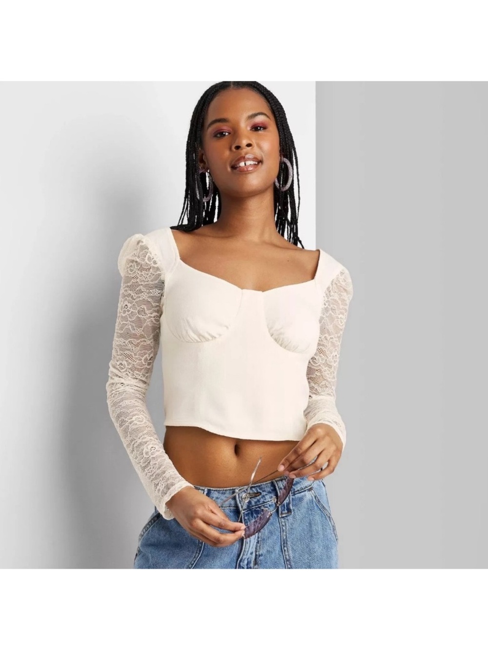 wild fable Cream Lace Sleeve Sweetheart Crop Top Corset Bodice Coquette Feminine